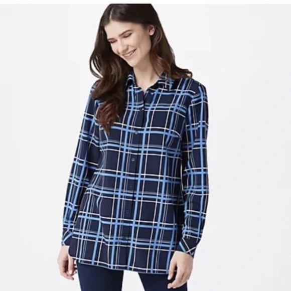 SUSAN GRAVER Oversized Black-blue button classic Polyester office blouse XL - Picture 1 of 11